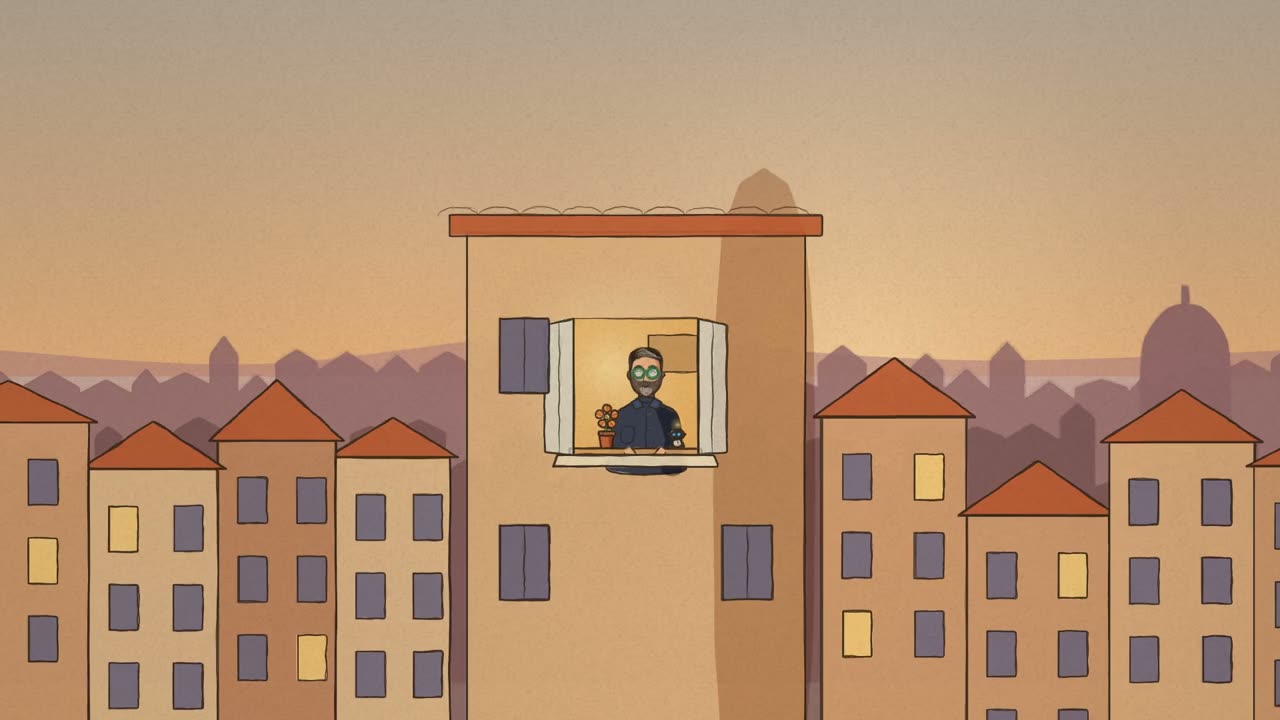 El creador y el robot en la ventana al amanecer, con la flor de papel en la maceta