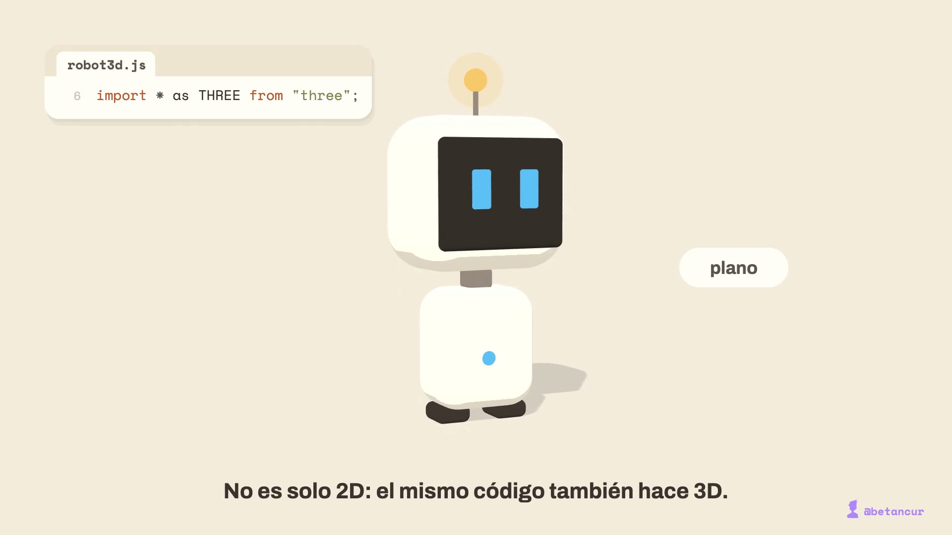 El robot de los cortos en 3D, con una tarjeta de código que dice import * as THREE from three