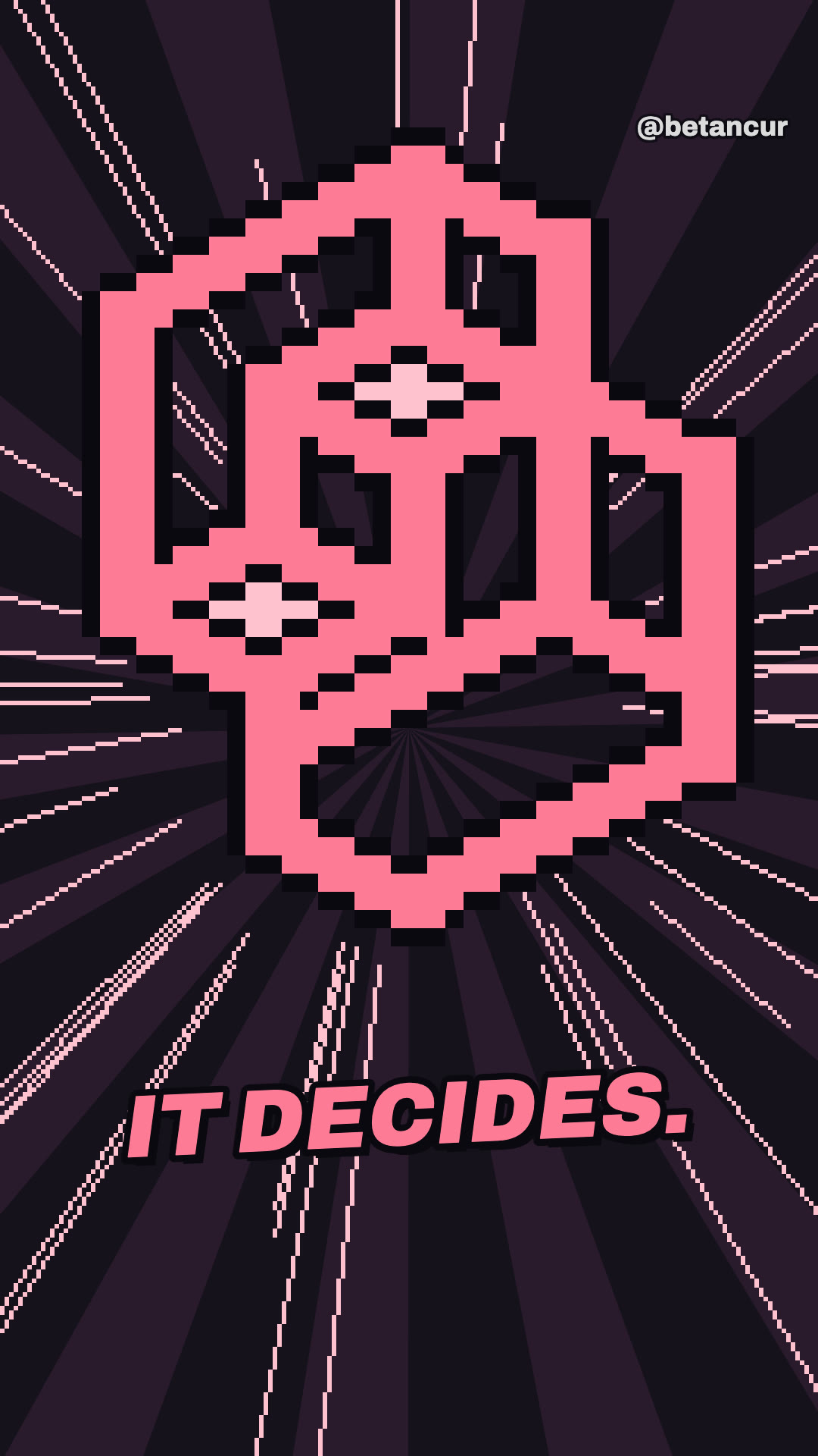 Pixel art: Jev, el logo rosa de TypeSafe, con los ojos encendidos sobre un fondo de rayos, y el texto IT DECIDES.