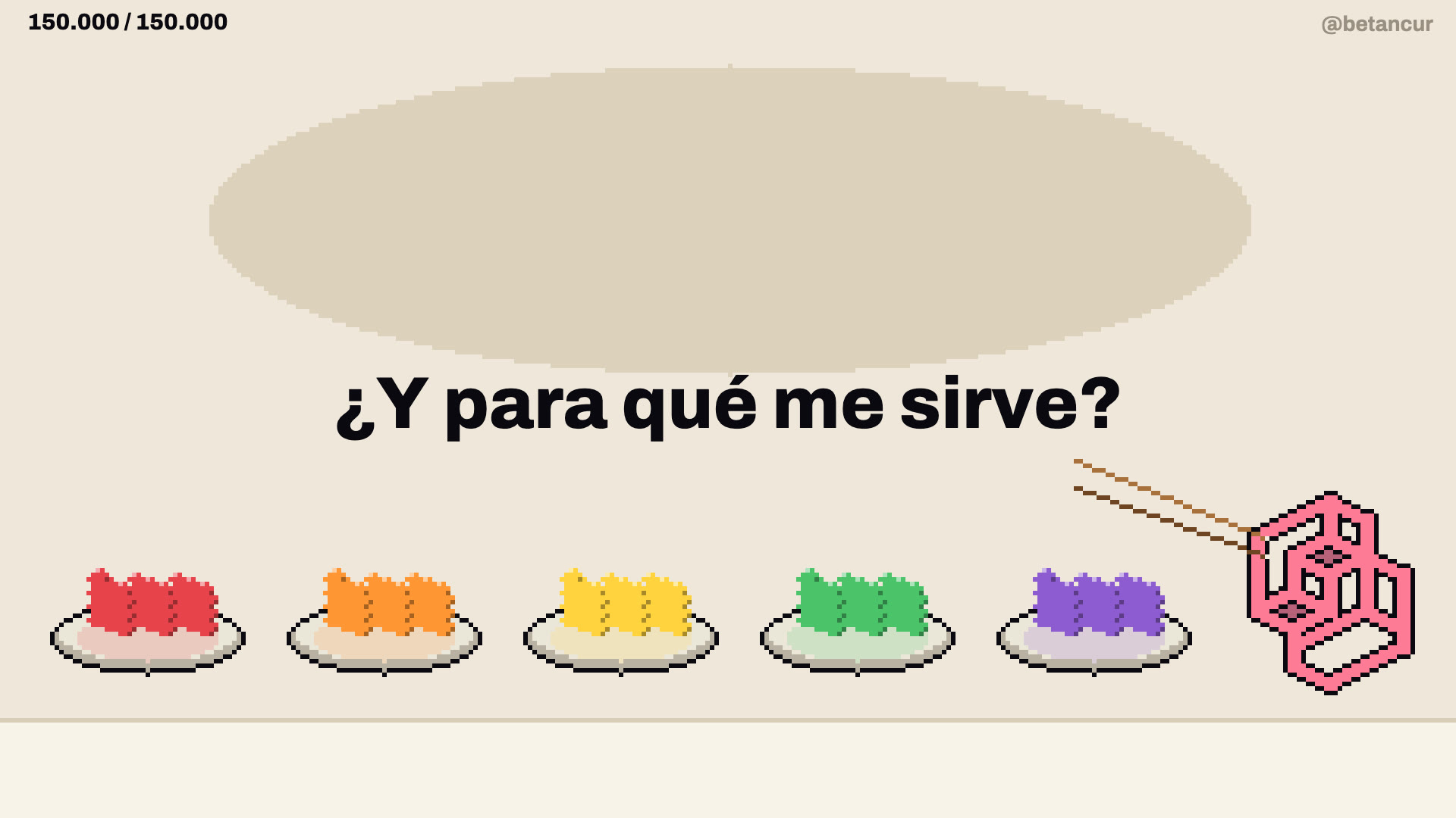 En pixel art, cinco platos llenos de caramelos clasificados por color, Jev (el logo de TypeSafe) al lado y la pregunta «¿Y para qué me sirve?»